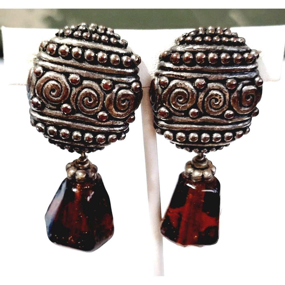 Vintage Exotic Glass & Patterned Silver-tone Dangle Clip-on Earrings, 2.25"